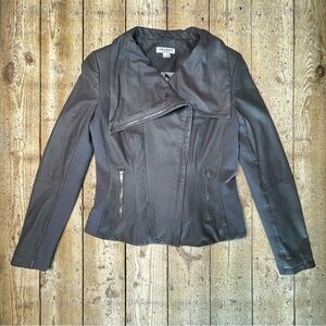 LAMARQUE Gray Soft Leather Moto Jacket Asymmetric Zip Funnel Neck Size M